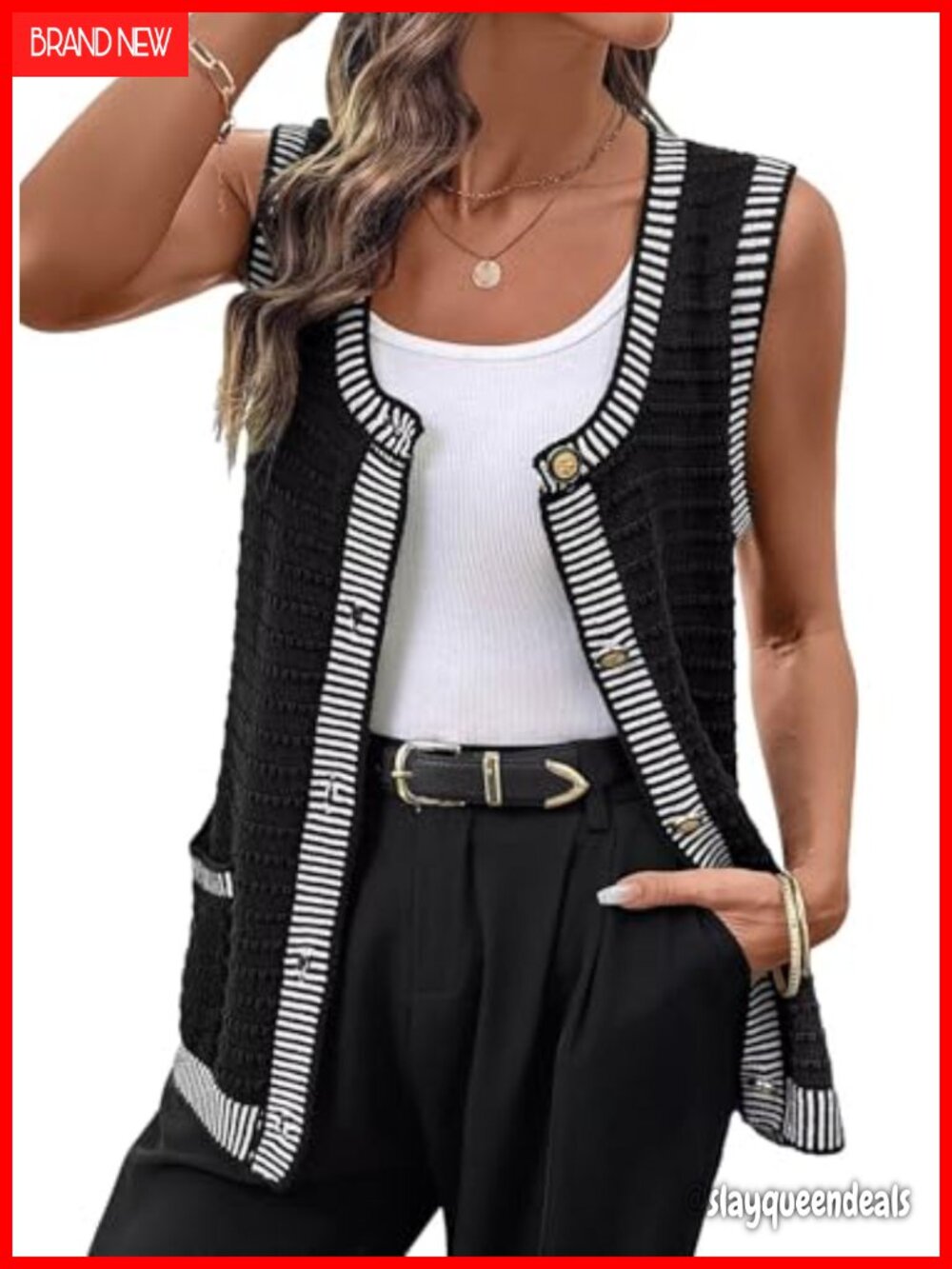 Sleeveless Button Down Cardigan Sweater with Pockets